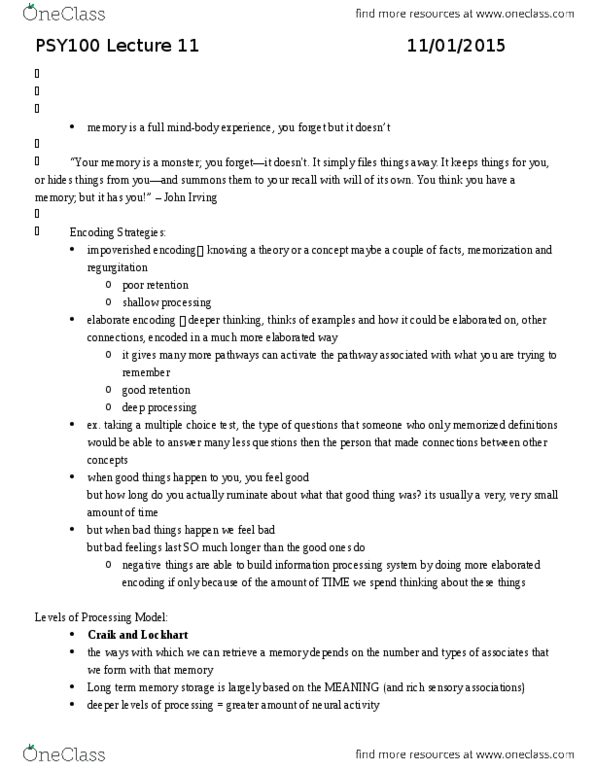 PSY100H1 Lecture Notes - Lecture 11: Procedural Memory, Explicit Memory, Classical Conditioning thumbnail