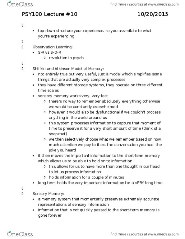 PSY100H1 Lecture Notes - Lecture 10: Sensory Memory, Sketchpad, Echoic Memory thumbnail