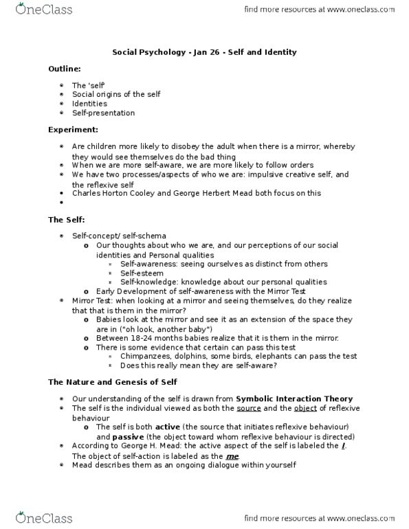 SOCPSY 1Z03 Lecture Notes - Lecture 7: George Herbert Mead, Mirror Test thumbnail