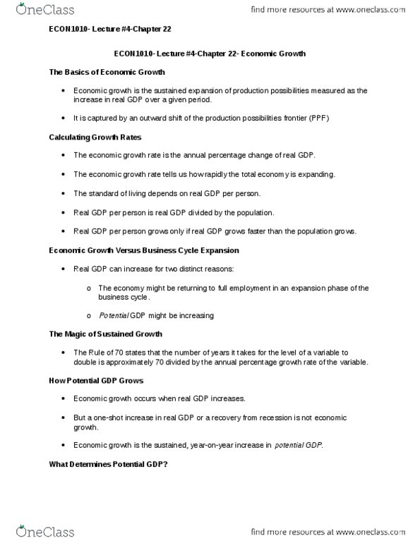 ECON 1010 Lecture Notes - Lecture 5: Real Wages, Potential Output, Production Function thumbnail