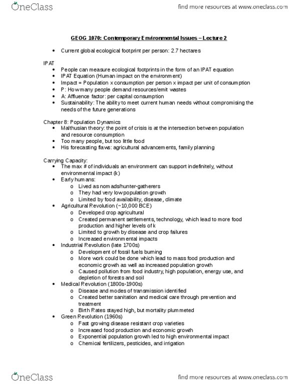 GEOG 1070 Lecture Notes - Lecture 2: Ecological Footprint, Resource Consumption, Birth Rate thumbnail