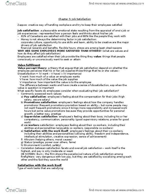 Management and Organizational Studies 2181A/B Chapter Notes - Chapter 5: Job Satisfaction, Zappos, Job Performance thumbnail