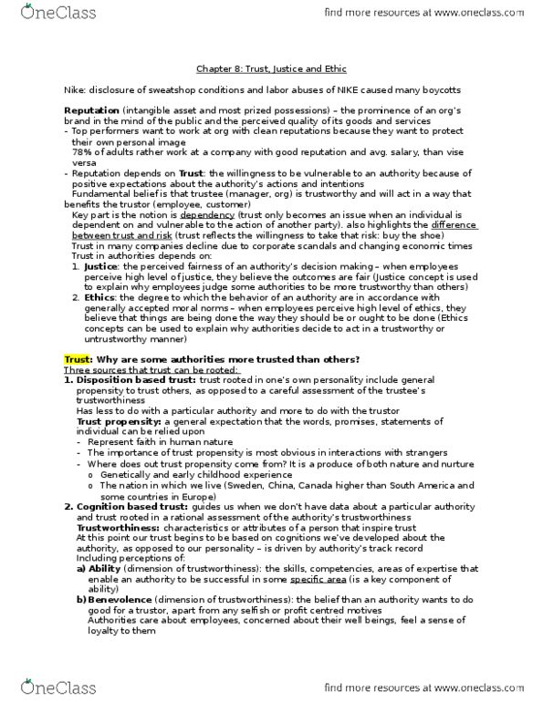 Management and Organizational Studies 2181A/B Chapter Notes - Chapter 8: Procedural Justice, Distributive Justice, Business Ethics thumbnail