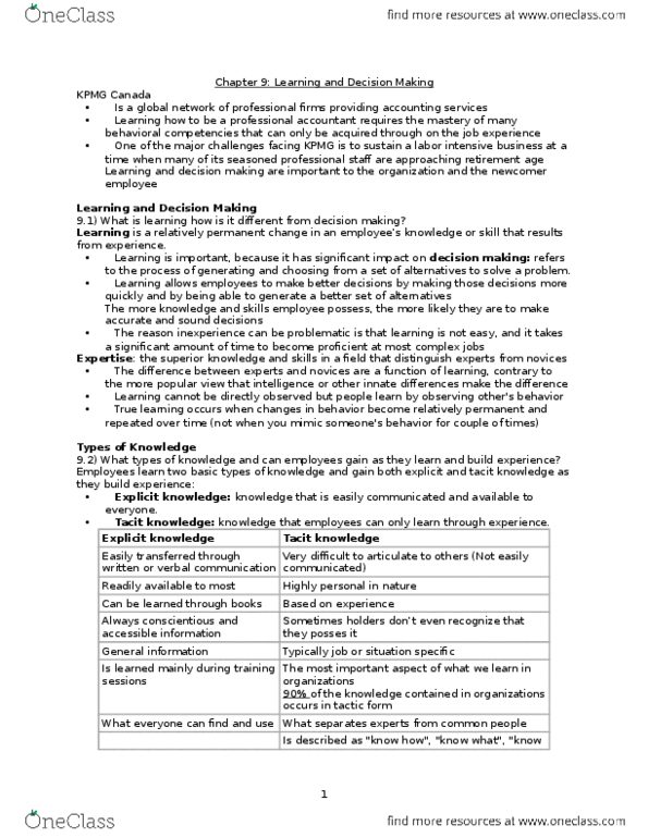 Management and Organizational Studies 2181A/B Chapter Notes - Chapter 9: Tacit Knowledge, Reinforcement, Achievement Orientation thumbnail