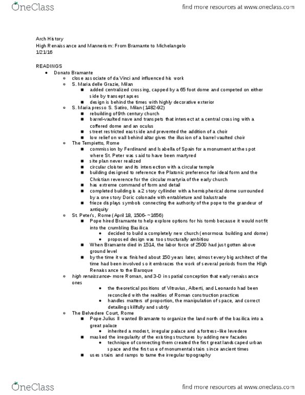 ARCH 1320 Chapter Notes - Chapter 2: Donato Bramante, San Pietro In Montorio, Baluster thumbnail