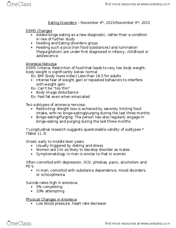 PSYC 2490 Lecture Notes - Lecture 20: Body Mass Index, Binge Eating Disorder, Hypotension thumbnail