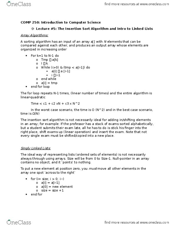 COMP 250 Lecture Notes - Lecture 5: Insertion Sort, Sorting Algorithm thumbnail
