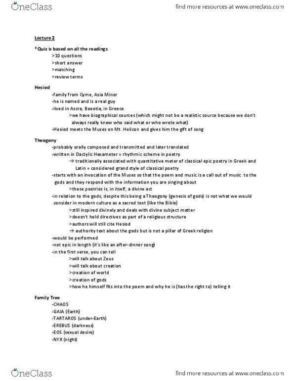 CLAS 206 Lecture Notes - Lecture 3: Oneiroi, Theogony, Coeus thumbnail