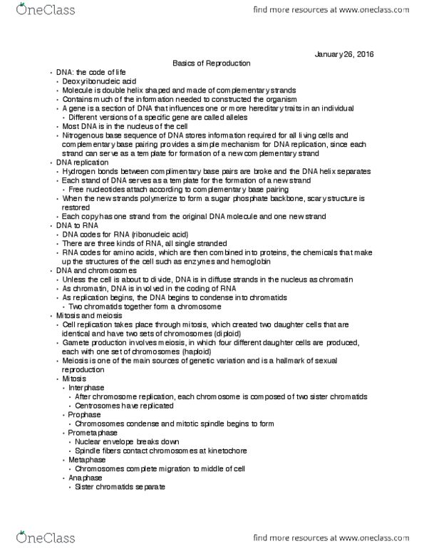 BIOLOGY 101 Lecture Notes - Lecture 6: Dna Replication, Nitrogenous Base, Spindle Apparatus thumbnail