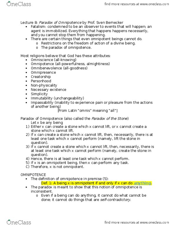 PHILOS 2 Lecture Notes - Lecture 8: Omnipotence, Summa Theologica, Sons Of God thumbnail