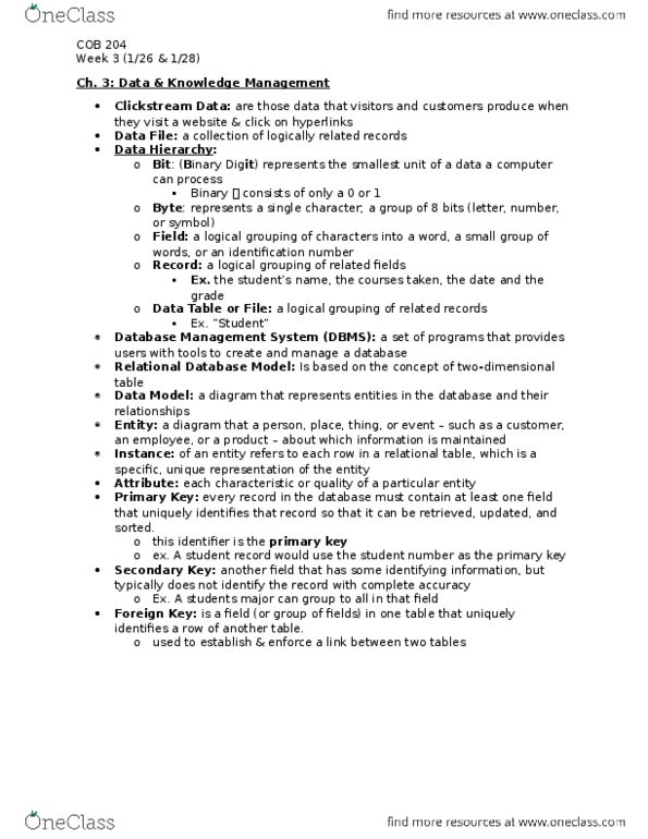 COB 204 Chapter Notes - Chapter 3: Database, Foreign Key, Unique Key thumbnail