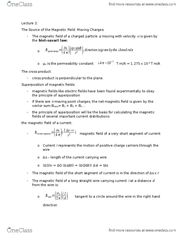 PCS 130 Lecture Notes - Lecture 2: Vacuum Permeability, Cross Product thumbnail