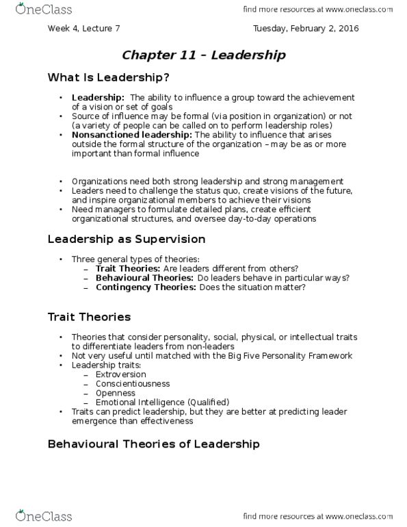 HROB 2100 Lecture Notes - Lecture 6: Fiedler Contingency Model, Situational Leadership Theory, Trait Theory thumbnail