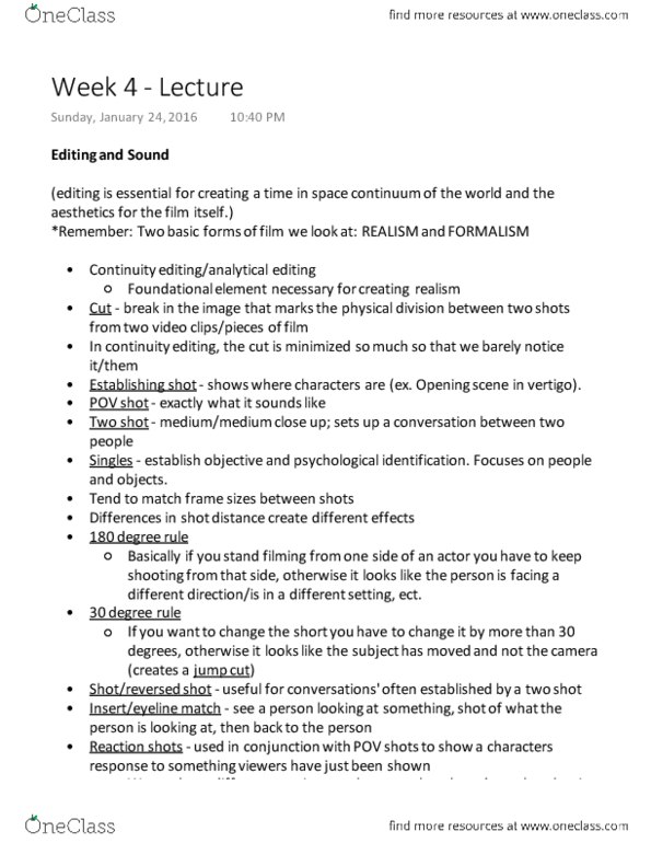 FPA 135 Lecture Notes - Lecture 4: Point-Of-View Shot, Establishing Shot, 180-Degree Rule thumbnail