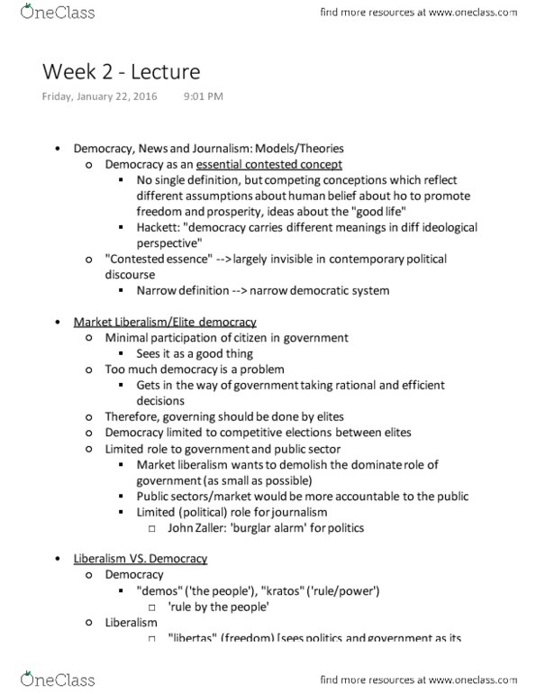 CMNS 235 Lecture Notes - Lecture 2: Radical Democracy, John Zaller, Public Sphere thumbnail
