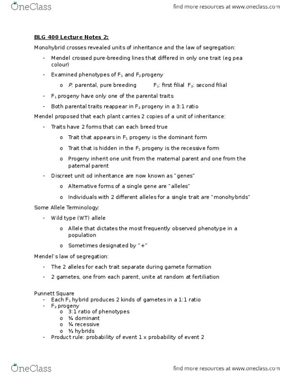 BLG 400 Lecture Notes - Lecture 2: Dihybrid Cross, Mutual Exclusivity, Punnett Square thumbnail