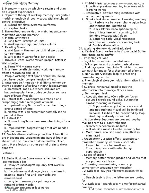 PSYCH 240 Lecture Notes - Lecture 2: Retrograde Amnesia, Childhood Amnesia, Short-Term Memory thumbnail