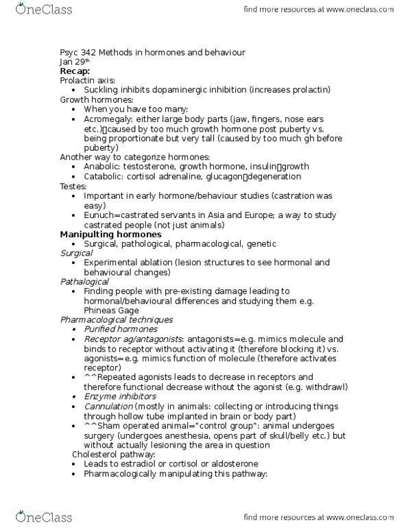 PSYC 342 Lecture Notes - Lecture 6: Phineas Gage, Aromatase, Bioassay thumbnail