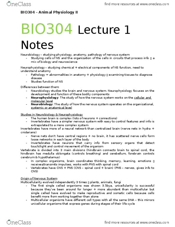 BIO304H5 Lecture Notes - Lecture 1: Medulla Oblongata, Neuroscience, Gap Junction thumbnail