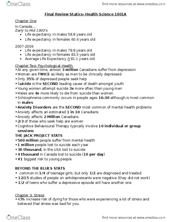 Health Sciences 1001A/B Lecture Notes - Lecture 1: Cognitive Behavioral Therapy, 3 Lbs, Statics thumbnail