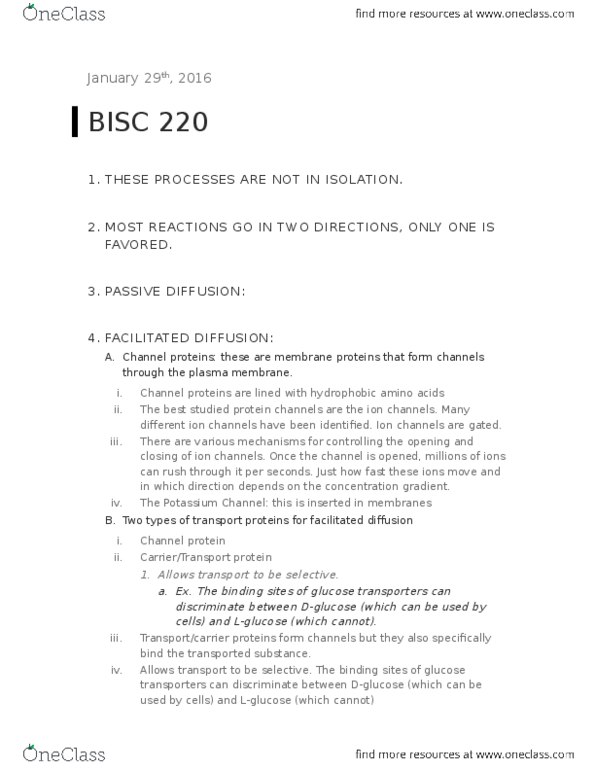 BISC 220Lg Lecture Notes - Lecture 8: Transport Protein, Glucose Transporter, Facilitated Diffusion thumbnail