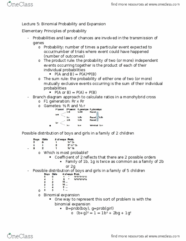 BIOL 2030 Lecture Notes - Lecture 5: Binomial Theorem, Binomial Distribution, Mutual Exclusivity thumbnail