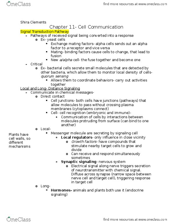 BSCI 105 Chapter Notes - Chapter 11: Receptor Tyrosine Kinase, G Protein–Coupled Receptor, Signal Transduction thumbnail