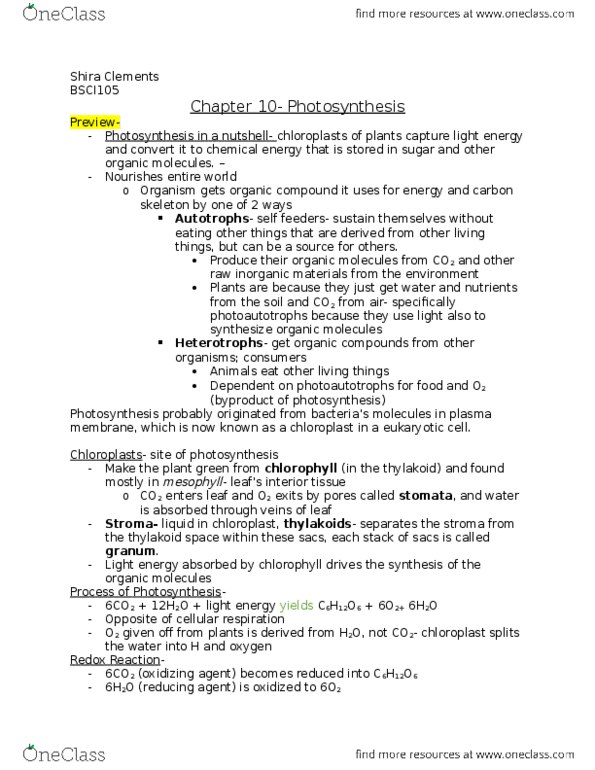 BSCI 105 Chapter Notes - Chapter 10: Light-Harvesting Complex, Photosynthetic Reaction Centre, Photosystem I thumbnail