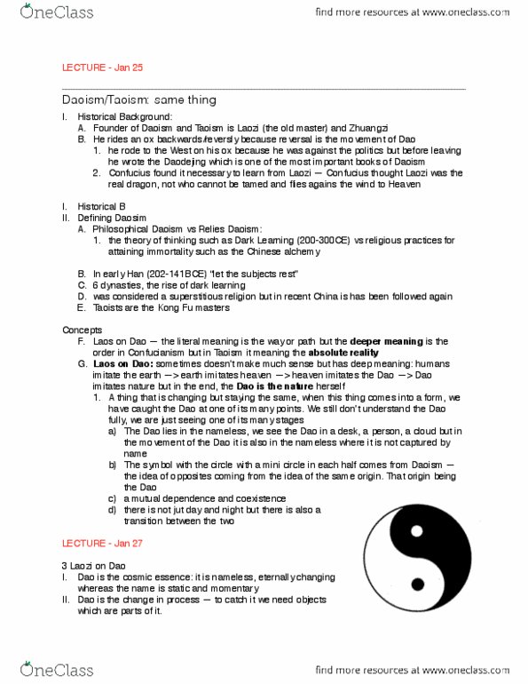 RELG 253 Lecture Notes - Lecture 9: Tao Te Ching, Monism, Liezi thumbnail