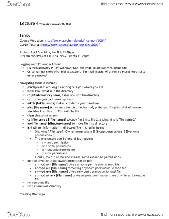 COMS W1004 Lecture Notes - Lecture 4: Working Directory, Putty, Mkdir thumbnail