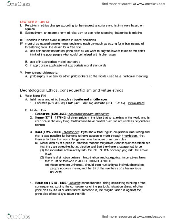 PHIL 237 Lecture Notes - Lecture 2: Virtue Ethics, Deontological Ethics, Subjectivism thumbnail