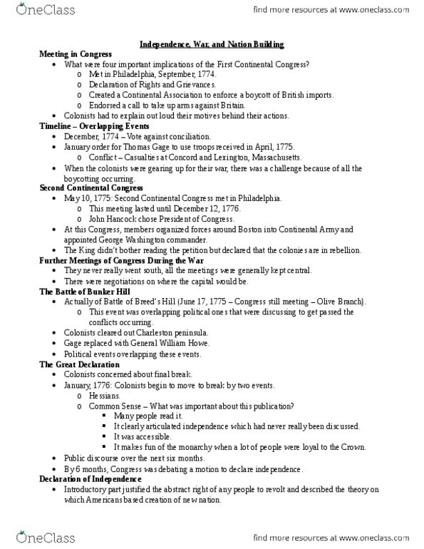 HIS 2151 Lecture Notes - Lecture 5: First Continental Congress, Continental Army, Continental Association thumbnail