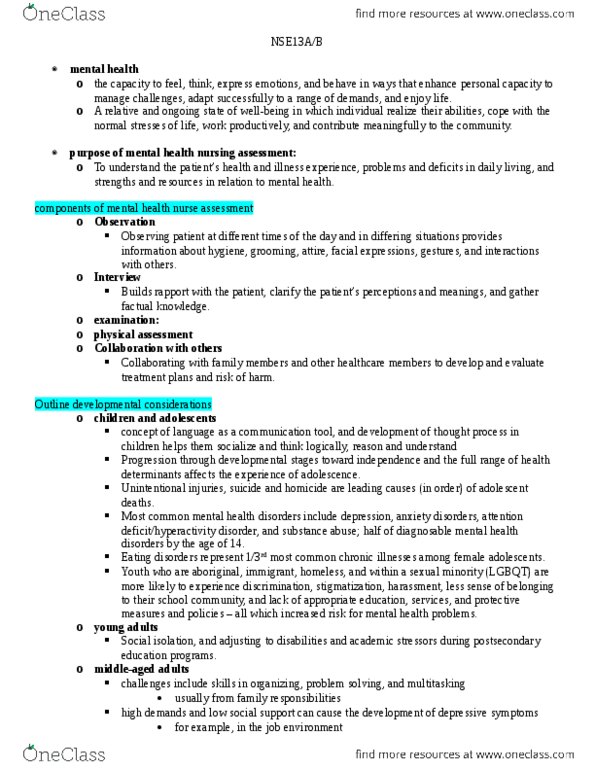 NSE 13A/B Lecture Notes - Lecture 7: Mental Health Nurse, Sleep Hygiene, Mental Status Examination thumbnail