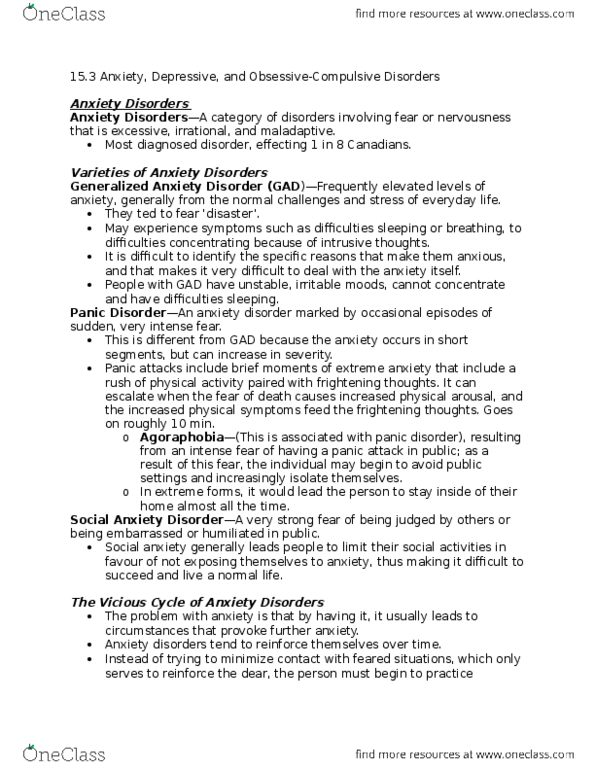 PSYC 1000 Chapter Notes - Chapter 15.3: Obsessive–Compulsive Disorder, Generalized Anxiety Disorder, Panic Disorder thumbnail