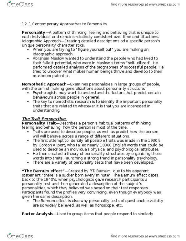 PSYC 1000 Chapter Notes - Chapter 12.1: Big Five Personality Traits, Raymond Cattell, Gordon Allport thumbnail