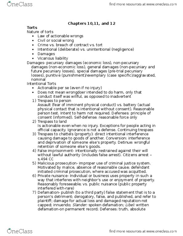 Management and Organizational Studies 2275A/B Lecture Notes - Lecture 10: Malicious Prosecution, Malicious Falsehood, False Arrest thumbnail