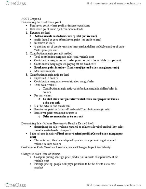 ACCT 2301 Chapter Notes - Chapter 3: Contribution Margin, Fixed Cost, Variable Cost thumbnail