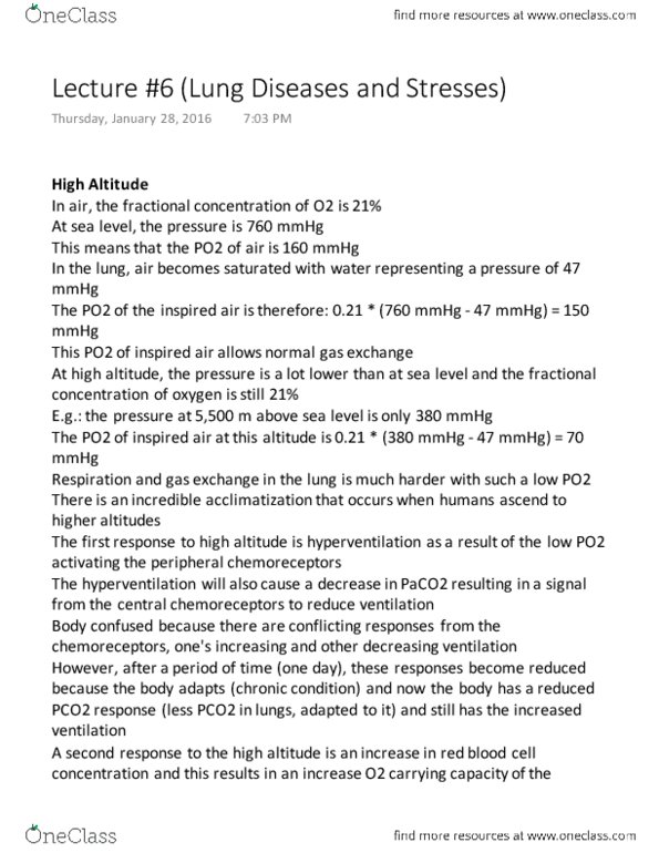 Physiology 3120 Lecture Notes - Lecture 6: Altitude Training, Smoke Inhalation, Red Blood Cell thumbnail