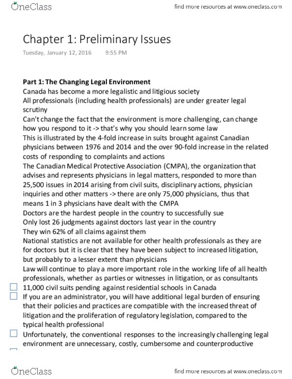 Law 3101A/B Chapter Notes - Chapter 1: Primary Care Physician, Canada Health Act, Health Professional thumbnail