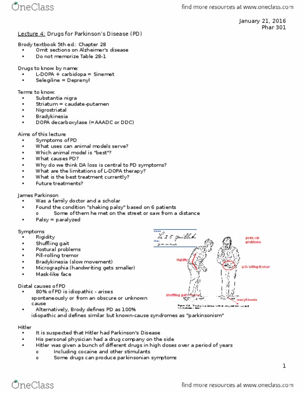 PHAR 301 Lecture Notes - Lecture 4: Substantia Nigra, Monoamine Oxidase Inhibitor, Nigrostriatal Pathway thumbnail