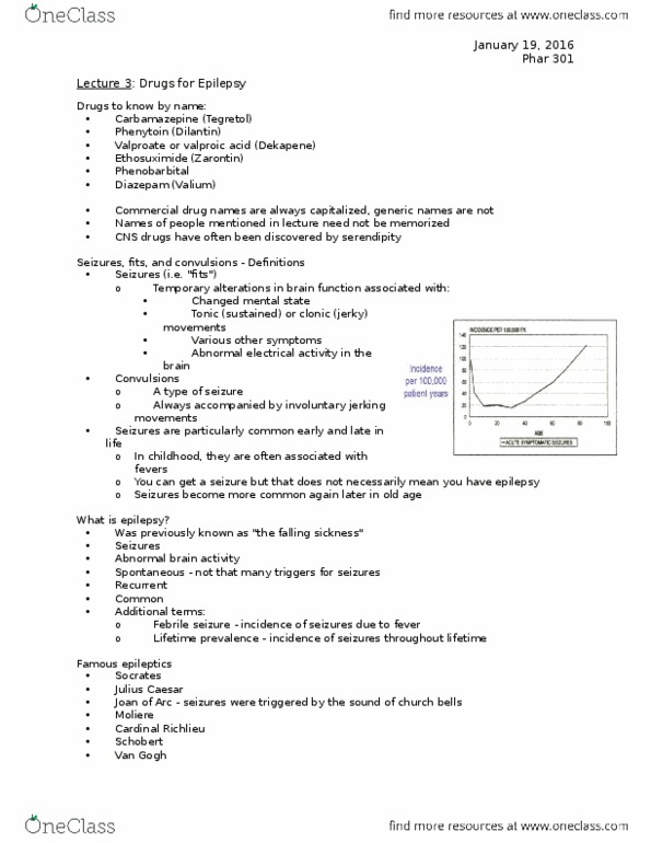 PHAR 301 Lecture Notes - Lecture 3: Temporal Lobe Epilepsy, Febrile Seizure, Generalised Tonic-Clonic Seizure thumbnail