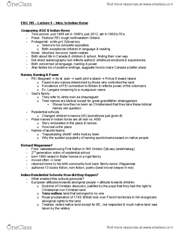 ENGL 105W Lecture Notes - Lecture 4: Terra Nullius, Kapuskasing, Anishinaabe thumbnail