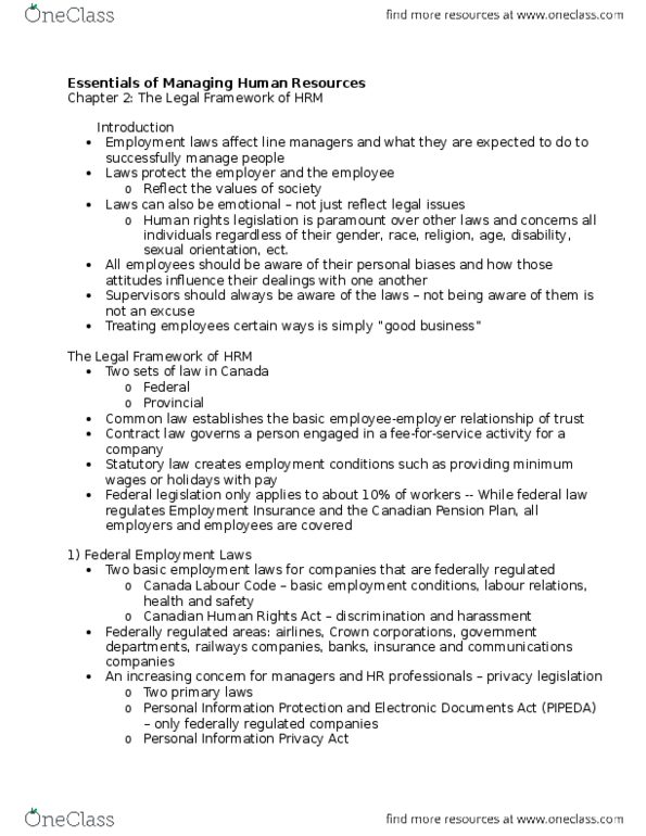 Management and Organizational Studies 3385A/B Chapter Notes - Chapter 2: Canadian Human Rights Commission, Canadian Human Rights Act, Canada Labour Code thumbnail