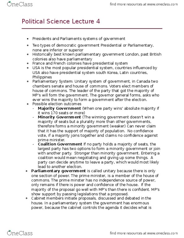 POL101Y1 Lecture Notes - Lecture 4: North American Free Trade Agreement, Presidential System, Only Time thumbnail