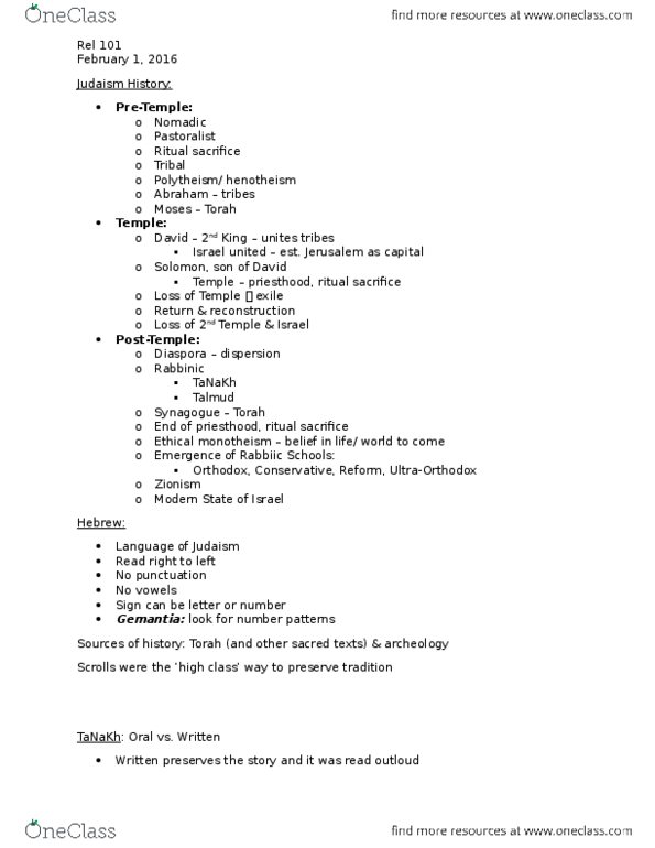 REL 101 Lecture Notes - Lecture 7: Henotheism, Tanakh, Talmud thumbnail