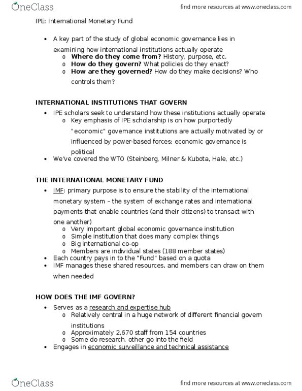 POLISCI 359 Lecture Notes - Lecture 2: International Monetary Fund, Christine Lagarde, Structural Adjustment thumbnail