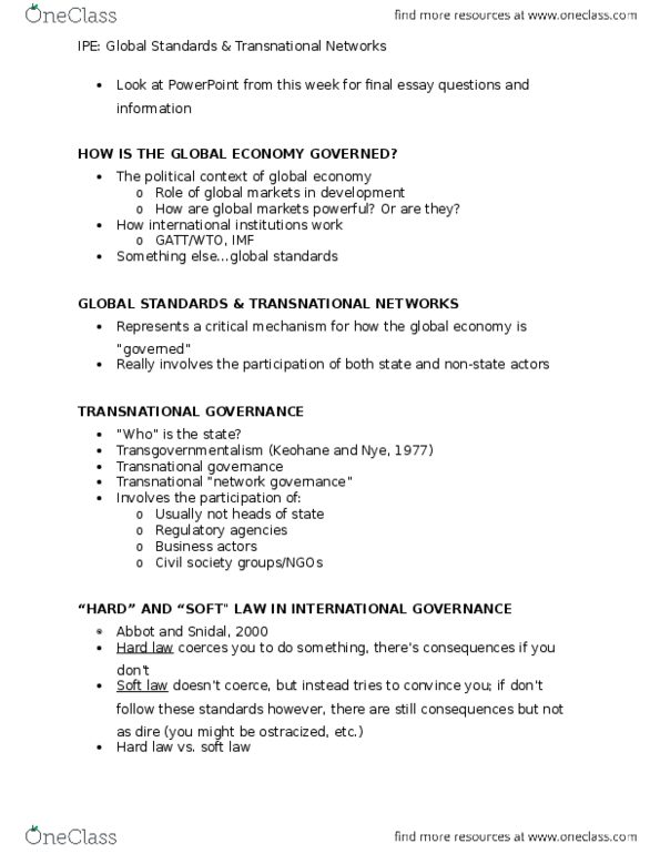 POLISCI 359 Lecture Notes - Lecture 5: Basel Committee On Banking Supervision, Soft Law, Network Governance thumbnail