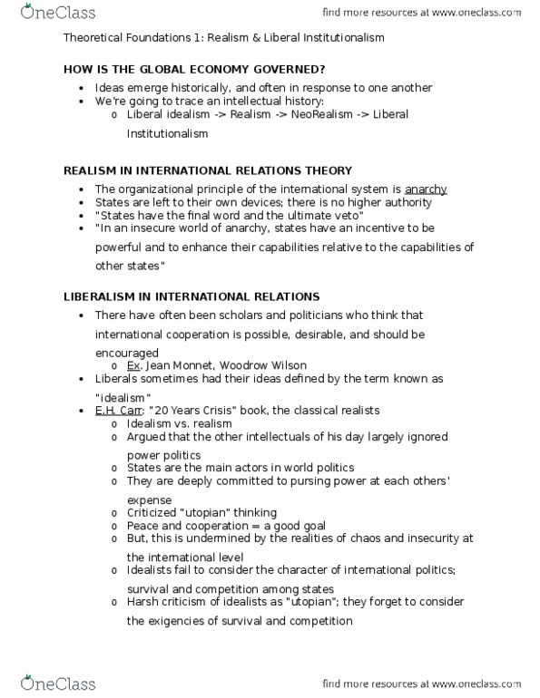 POLISCI 359 Lecture Notes - Lecture 1: Hegemonic Stability Theory, Stephen D. Krasner, John Mearsheimer thumbnail