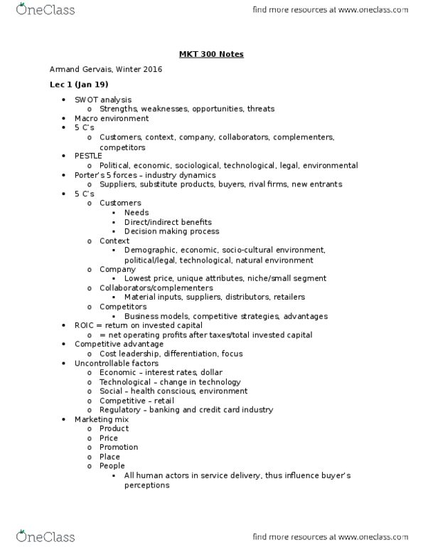 MKT 300 Lecture Notes - Lecture 1: Swot Analysis, Pest Analysis, Decision-Making thumbnail