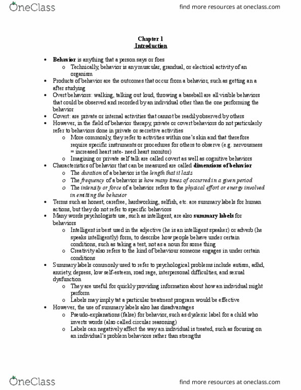 FRHD 3150 Chapter Notes - Chapter 1: Cognitive Behavioral Therapy, Behavior Modification, Behaviour Therapy thumbnail